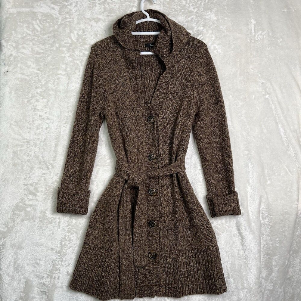 Women's Sz L Wool Cardigan Expresses Button Hooded Tunic Cozy Warm Stylish